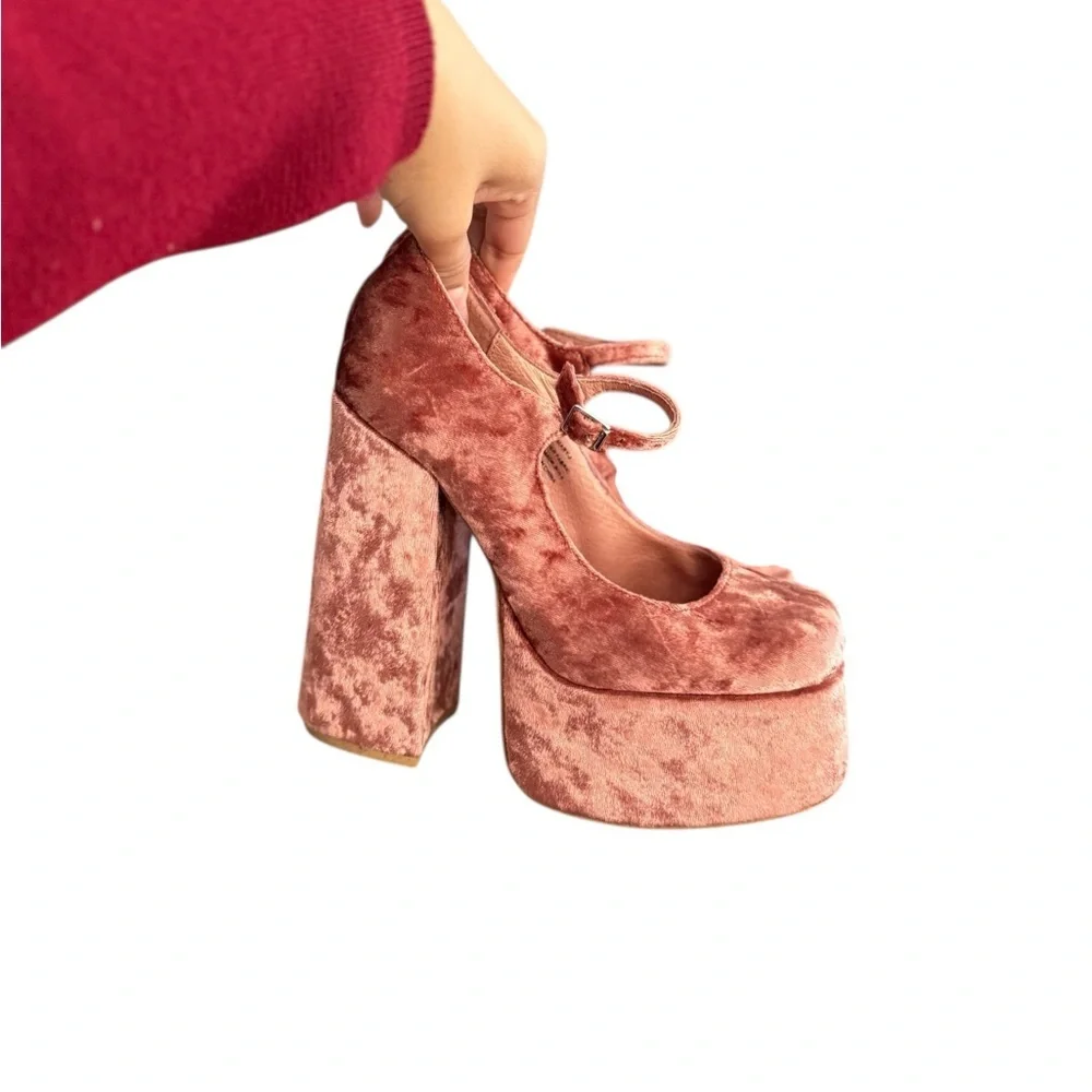 JEFFREY CAMPBELL Pink Crushed Velvet Mary Jane Platform Heels Pump